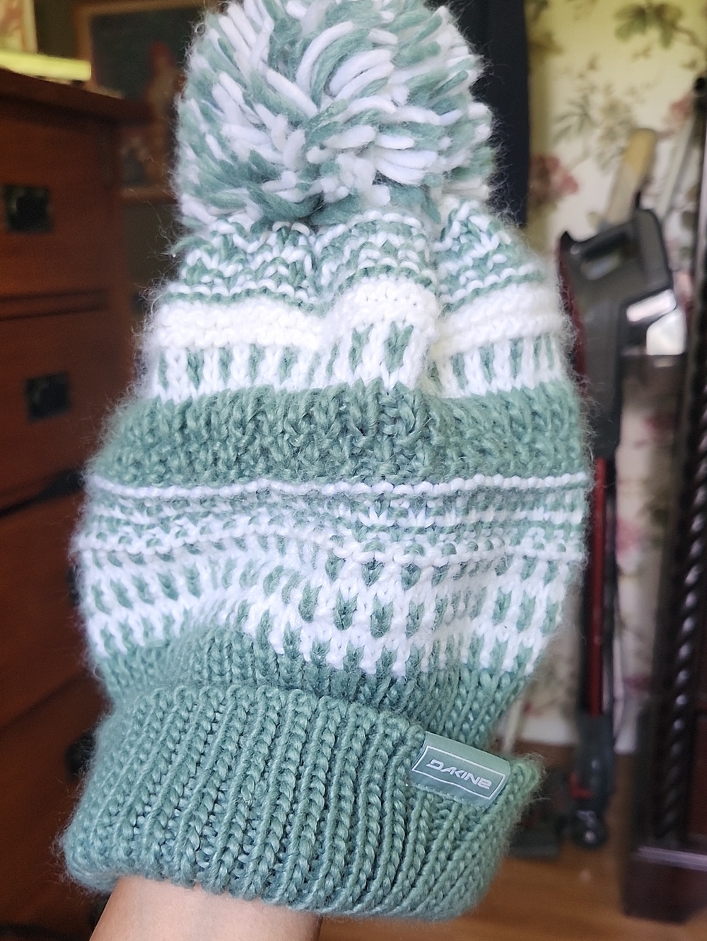 Dakine Sage Green and White Knit Pom Beanie